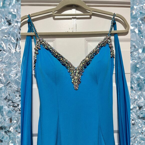 Size 0 Teal Jovani 08022 with Chiffon Cape/Wings Pageant/Prom - Picture 3 of 6
